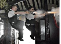 Simon Pegg and Nick Frost shoot it out in Hot Fuzz 