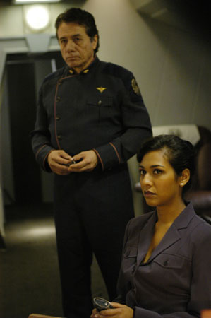 Edward James Olmos (left) and Rekha Sharma in the Sci Fi Channel's Battlestar Galactica.