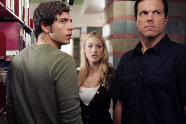 Zachary Levi, Yvonne Strahovski, and Adam Baldwin in Chuck.