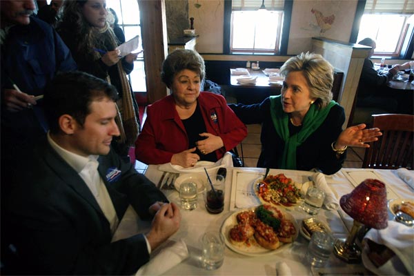 Hillary Clinton (right) at Tursi's Latin King restaurant in Des Moines, Iowa.