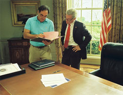 Director Oliver Stone (left) with Josh Brolin on the set of W. Photo credit: Sidney Ray Baldwin