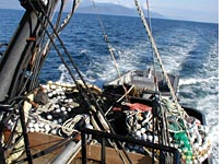 The net and skiff, as the boat heads to the grounds