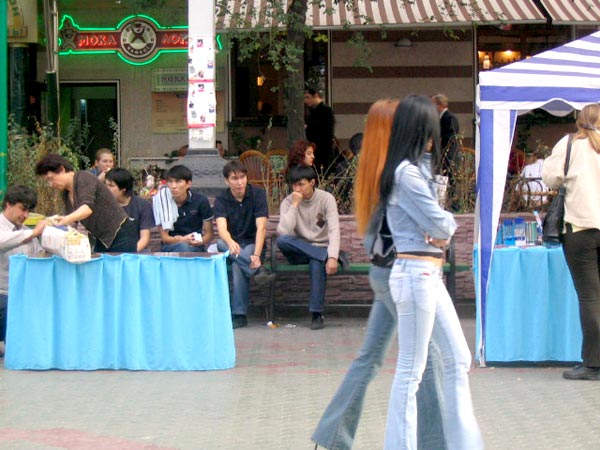 A street scene in Almaty, Kazakhstan's bustling commercial capital.
