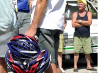 Helmets dumped by Lance Armstrong and teammates before the final climb of the day