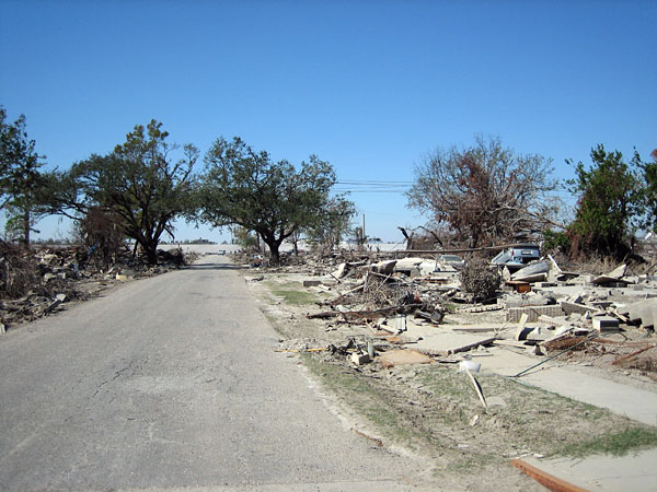 A street leading to the Industrial Canal, where the levee was breached.