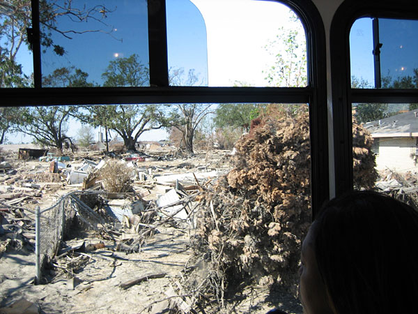 A passenger on the Gray Line Tour surveys her old neighborhood.