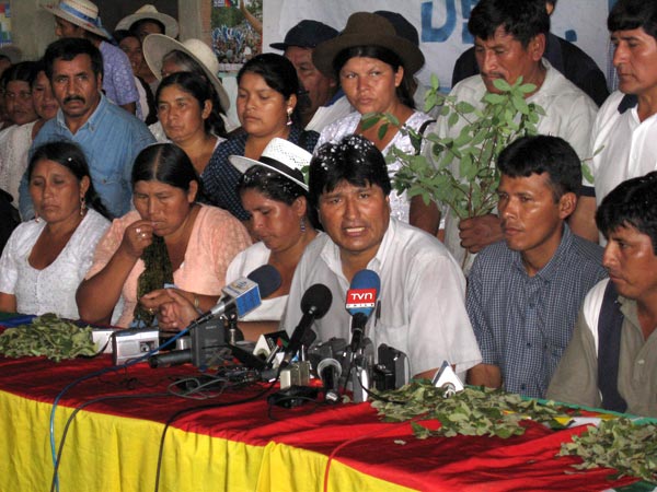 Morales speaks at a coca market after voting.