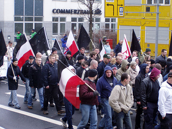 Neo-Nazi demonstrators on their route.
