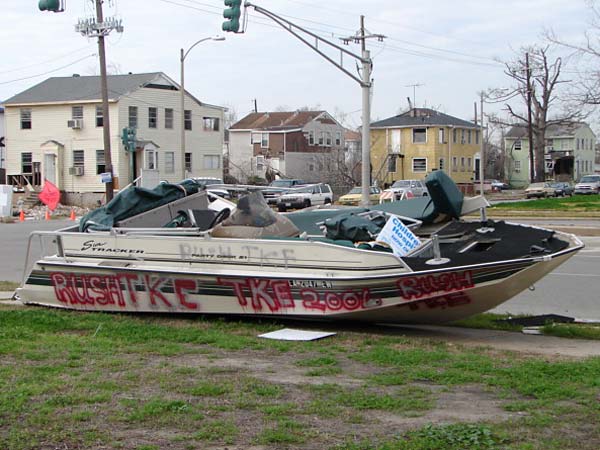 Student graffiti on a displaced boat at the University of New Orleans.
