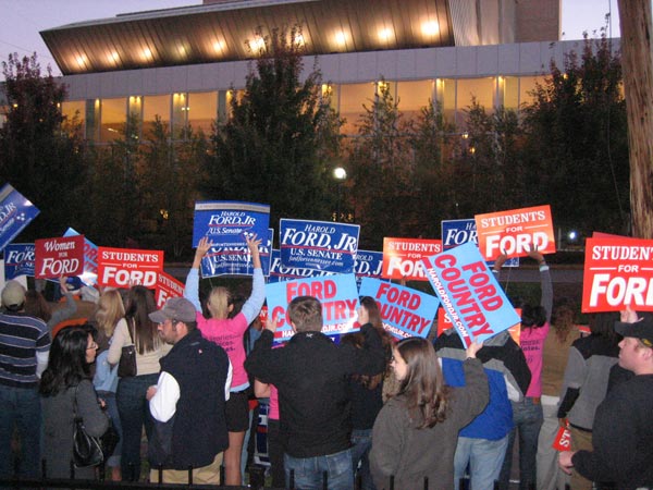 Supporters of Democrat Harold Ford Jr. outside the debate.