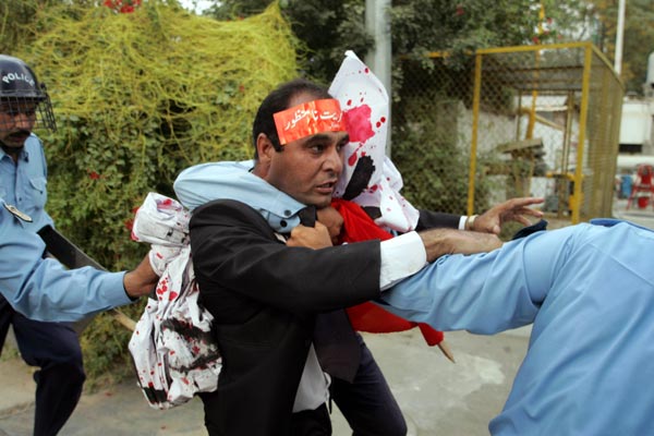 A lawyer at an anti-government demonstration in Pakistan.