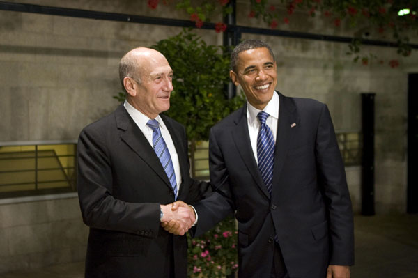 Israeli Prime Minister Ehud Olmert and Sen. Barack Obama.