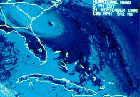 Light visible image of Hurricane Hugo approaching South Carolina, Sept. 21, 1989.