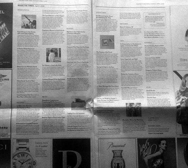 "Inside the Times" Pages 2-3 of the New York Times, April 1, 2008 (late edition).