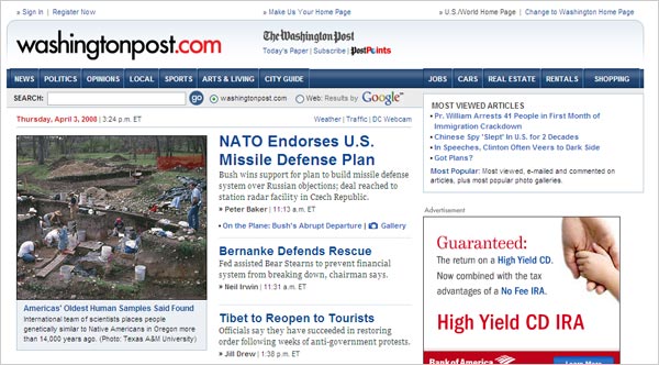 Screenshot of washingtonpost.com April 3, 2008.