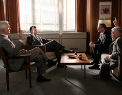 Roger Sterling (John Slattery), Don Draper (Jon Hamm), Lane Pryce (Jared Harris) and Bertram Cooper (Robert Morse) in the Season 3 finale. Click image to expand.