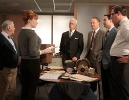 Bertram Cooper (Robert Morse), Joan Harris, (Christina Hendricks), Roger Sterling (John Slattery), Lane Pryce (Jared Harris), Pete Campbell (Vincent Kartheiser), and Harry Crane (Rich Sommer) in the Season 3 finale. Click image to expand.