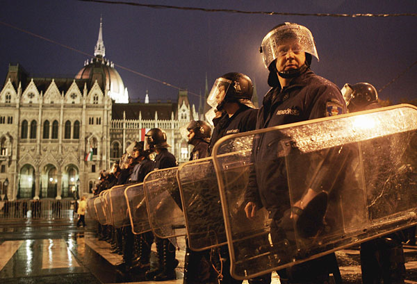 Hungarian riot police in Budapest.