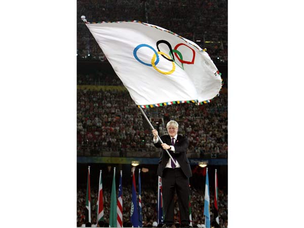 The Olympic flag.