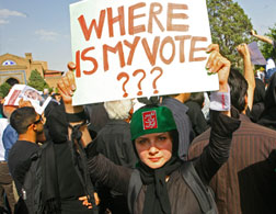 Iranian supporters of defeated reformist presidential candidate Mir Hossein Mousavi. Click image to expand.