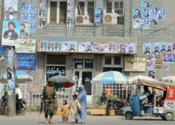 A building decorated with posters of Afghan presidential election candidates in Kandahar. Click image to expand.