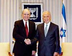 President Shimon Peres of Israel and former Sen. George Mitchell. Click image to expand.