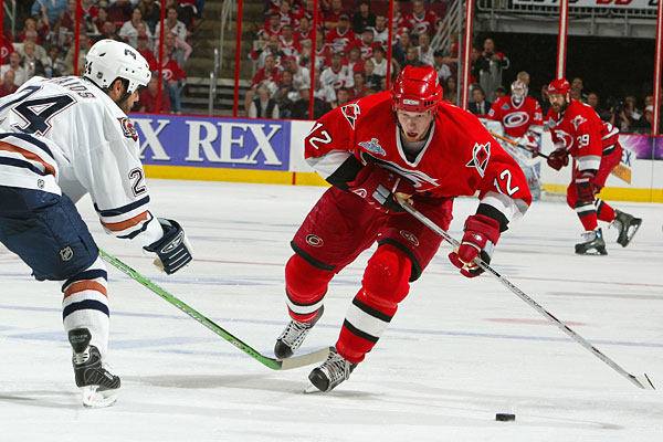 Eric Staal of the Carolina Hurricanes and Steve Staios of the Edmonton Oilers in game two of the Stanley Cup Finals.