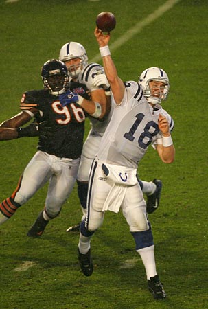 Colts quarterback Peyton Manning throws a pass.