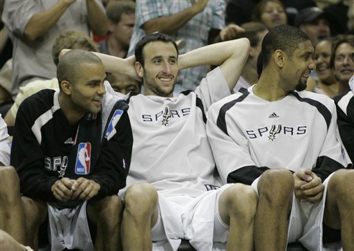 Manu Ginobili, Tony Parker, and Tim Duncan of the San Antonio Spurs.