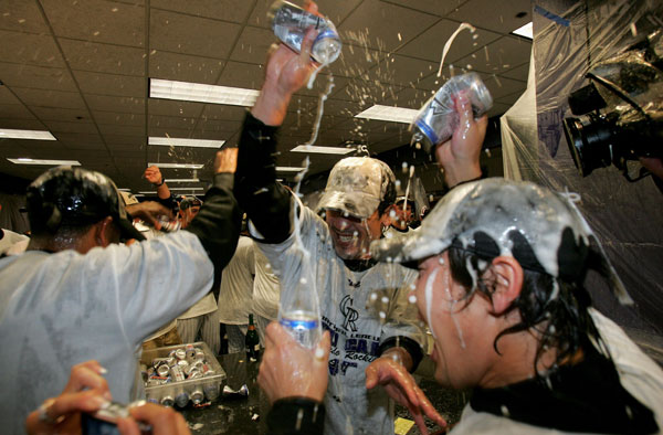 The Colorado Rockies celebrate.