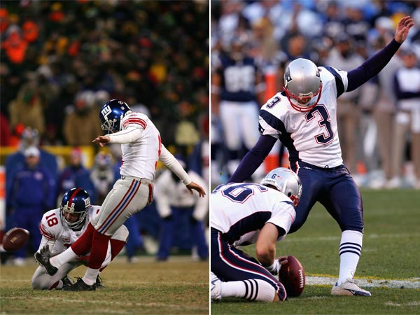 The Giants' Lawrence Tynes and the Patriots' Stephen Gostkowski.
