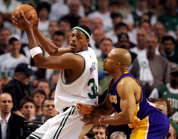 The Celtics' Paul Pierce clashes with the Lakers' Derek Fisher in Game 1 of the NBA Finals.