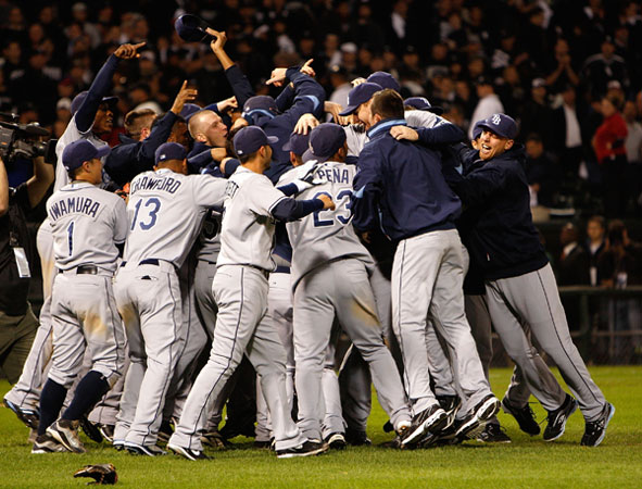 The Tampa Bay Rays celebrate a win against the White Sox during the 2008 playoffs.