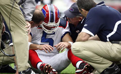  Starting Quarterback Trent Edwards #5 of the Buffalo Bills suffers a concussion in 2008. Click image to expand.