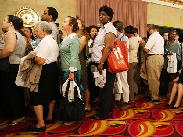 Job seekers at an employment fair.