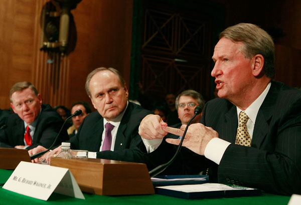 Ford Motor Co. CEO Alan Mulally, Chrysler CEO Robert Nardelli, and GM CEO G. Richard Wagoner Jr.
