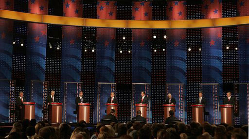 Republican presidential hopefuls Tancredo, Paul, Huckabee, Giuliani, Romney, McCain, Brownback, Hunter.