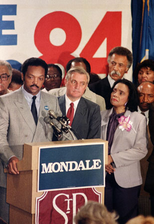 Jesse Jackson, Walter Mondale, and Coretta Scott King. 