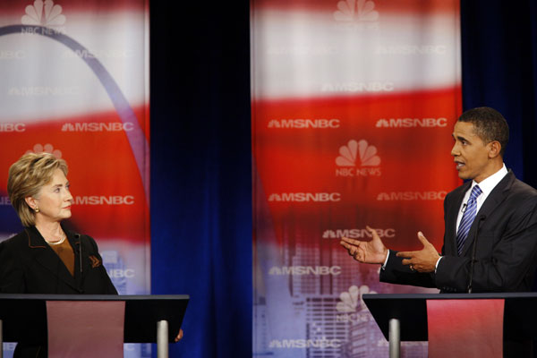 Sen. Hillary Clinton and Sen. Barack Obama during the NBC Democratic presidential candidates debate in Philadelphia.