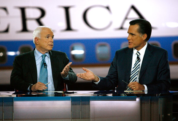 John McCain and Mitt Romney debate.