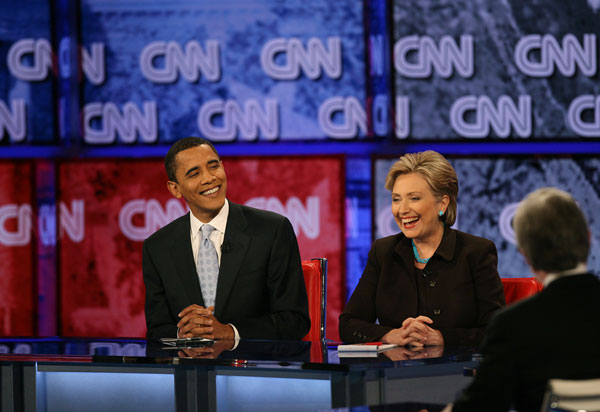 Barack Obama and Hillary Clinton at the CNN/LA Times/Politico debate in Los Angeles.