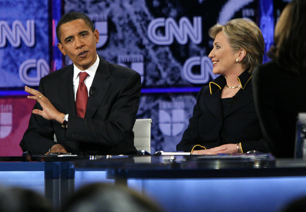 Barack Obama and Hillary Clinton debate at the University of Texas in Austin.
