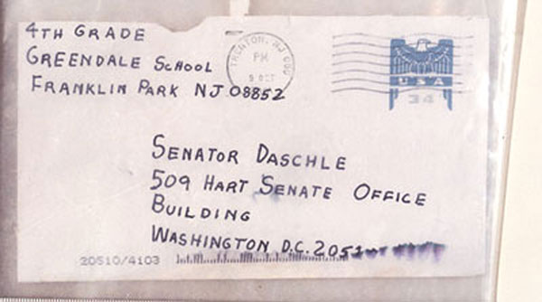 An anthrax-containing letter mailed to Sen. Tom Daschle.