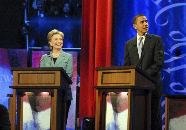 Hillary Clinton and Barack Obama debate in Philadelphia.
