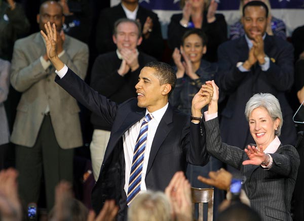 Barack Obama and Kathleen Sebelius.