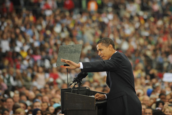 Barack Obama speaks at a rally at the Indiana State Fairgrounds.