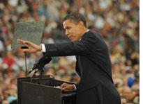 US Democratic presidential candidate Illinois Senator Barack Obama speaks at a rally October 8, 2008 at the Indiana State Fairgrounds. Click image to expand.