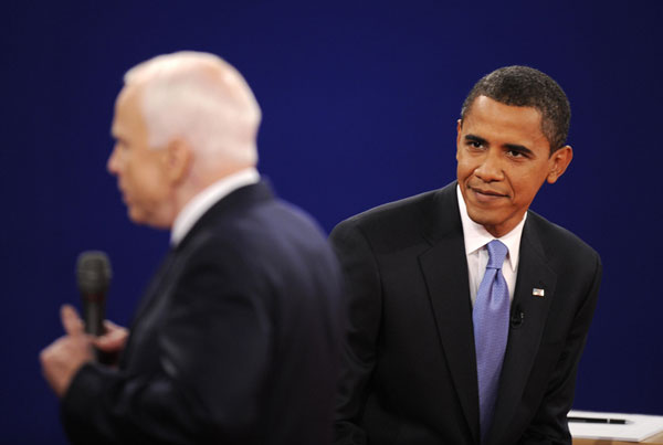 John McCain and Barack Obama at a town-hall debate.