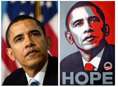 Comparison of original photo and Fairey's art.