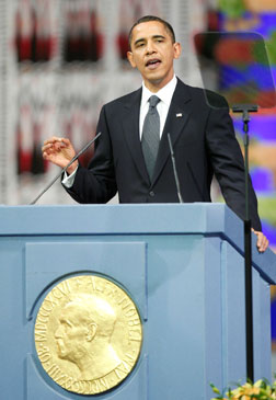 President Barack Obama accepts the Nobel Peace Prize.